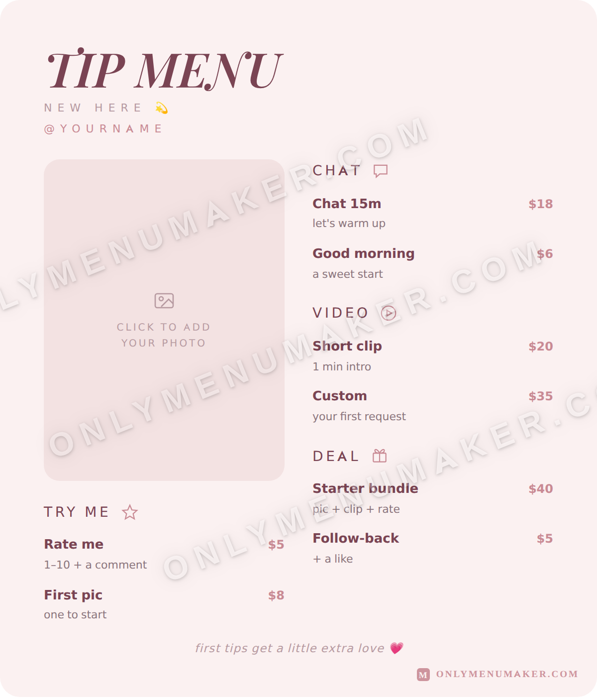 Baby Pink OnlyFans tip menu template
