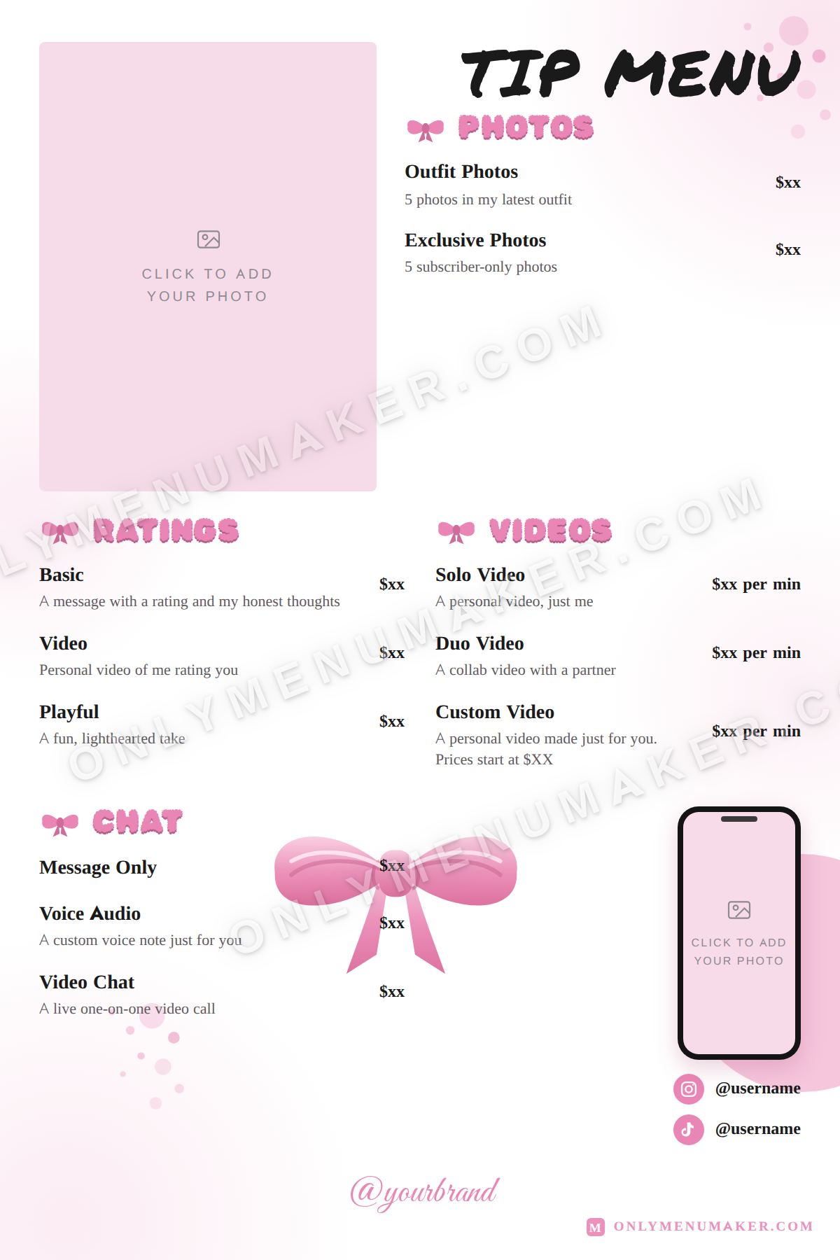 Pink Barbie OnlyFans tip menu template