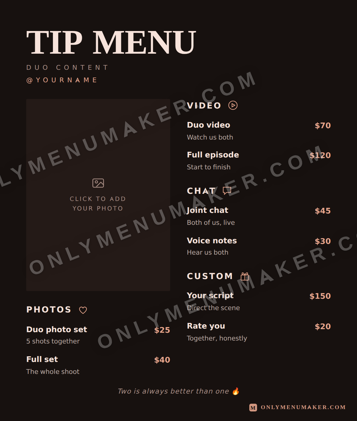 Better Together OnlyFans tip menu template