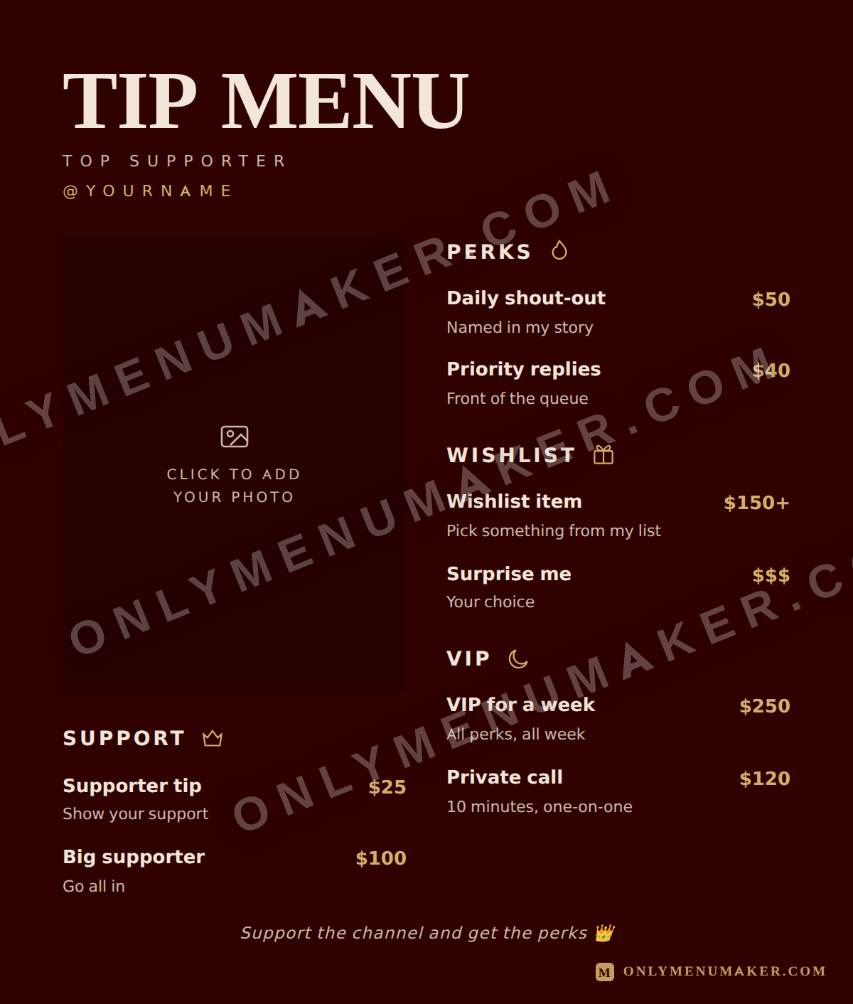 Big Supporter OnlyFans tip menu template