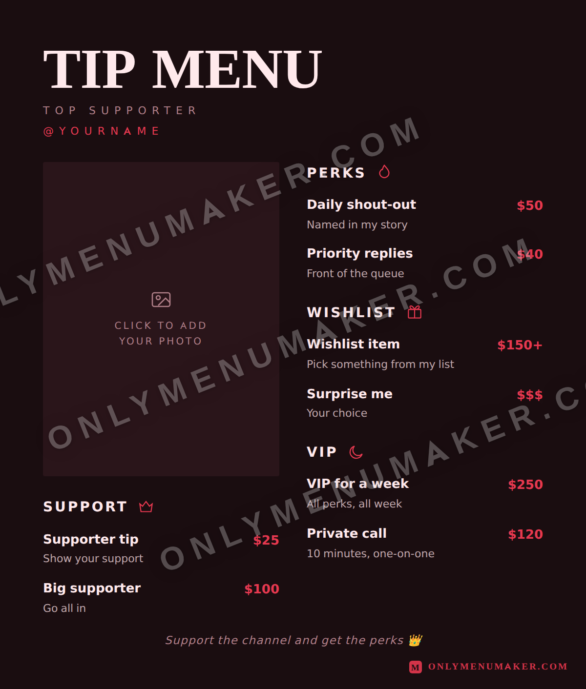 Big Supporter OnlyFans tip menu template
