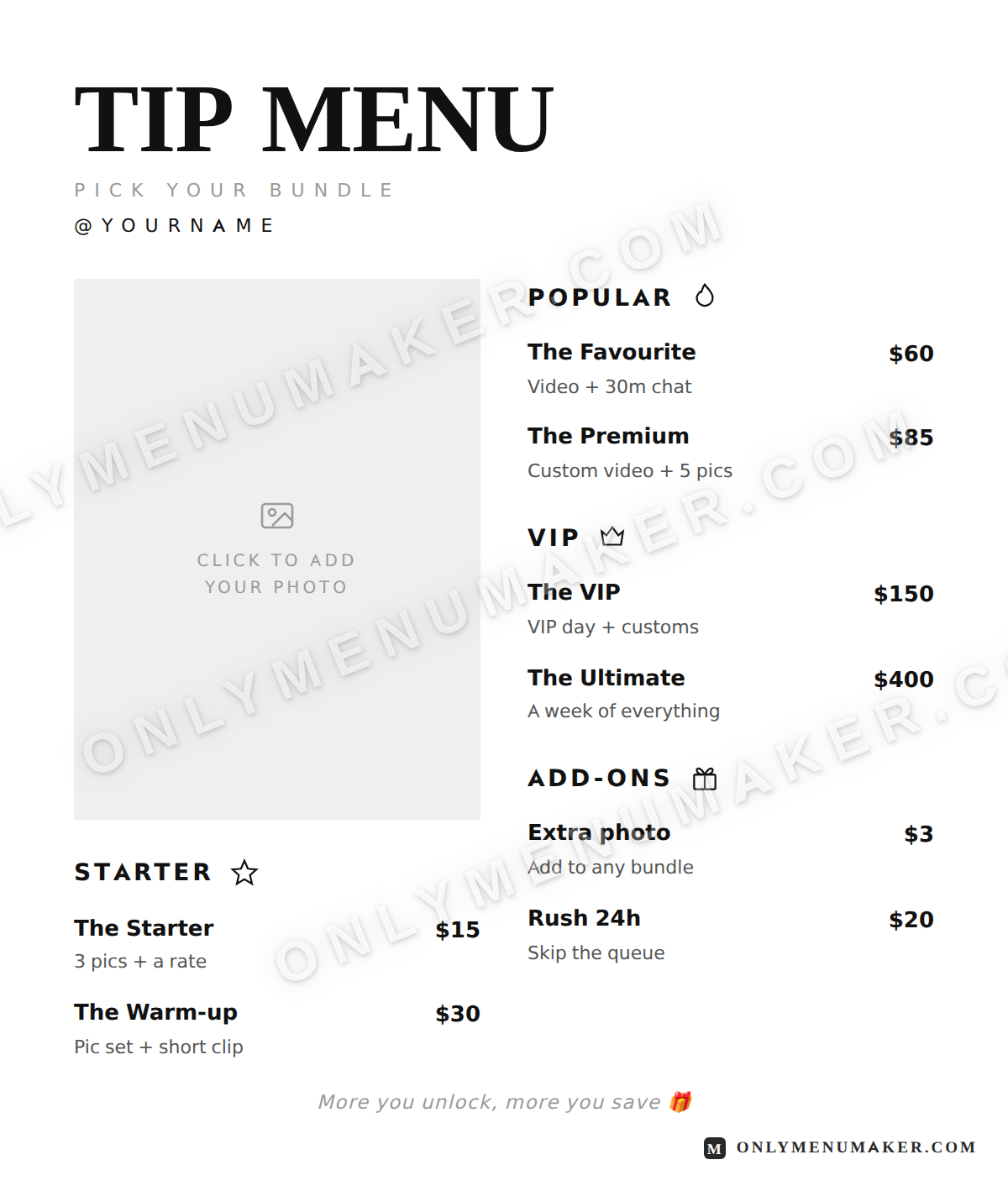Big Type OnlyFans tip menu template