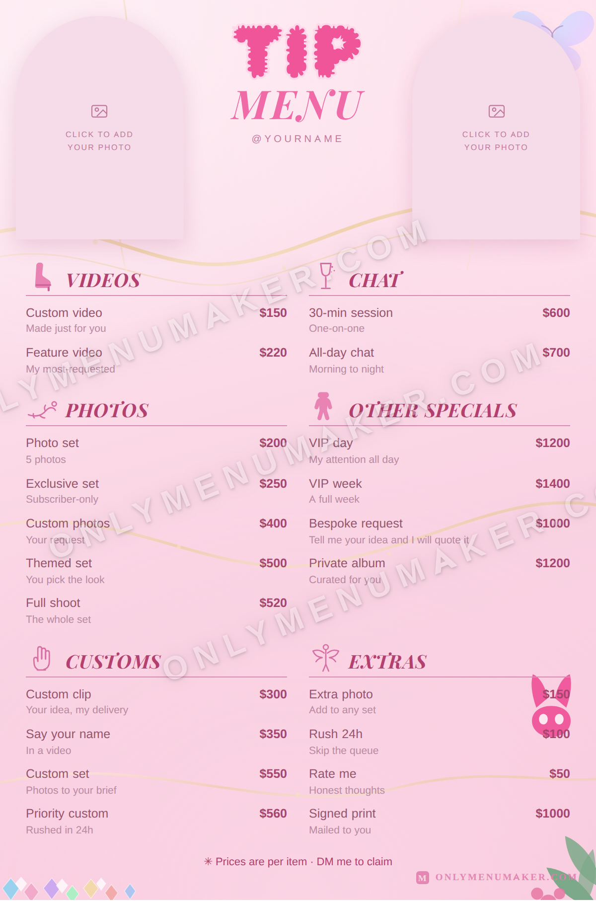 Boudoir Marble OnlyFans tip menu template