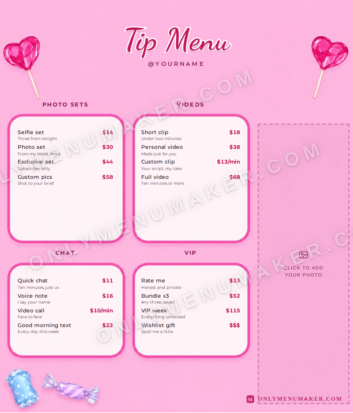 Bubblegum Candy OnlyFans tip menu template