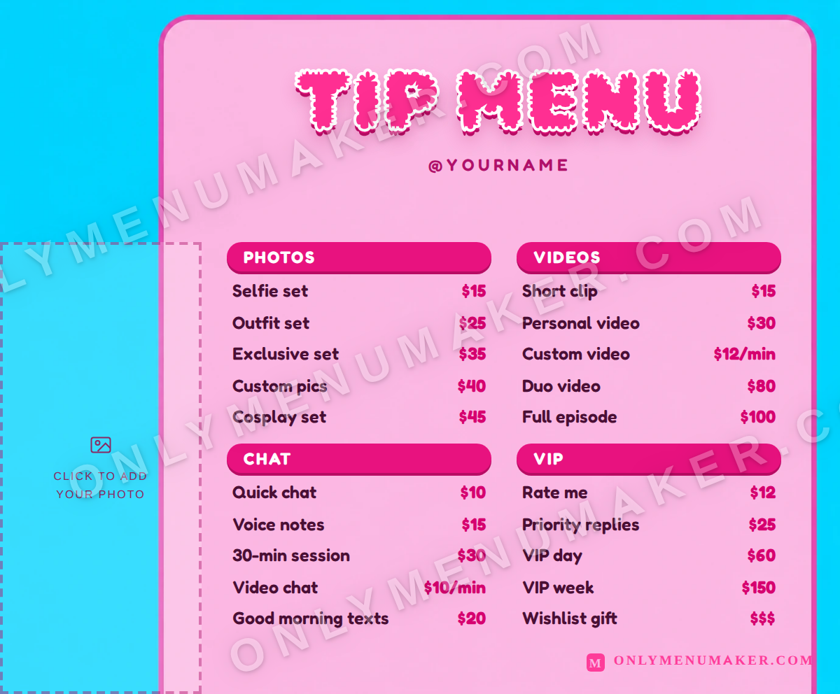 Bubblegum Pop OnlyFans tip menu template