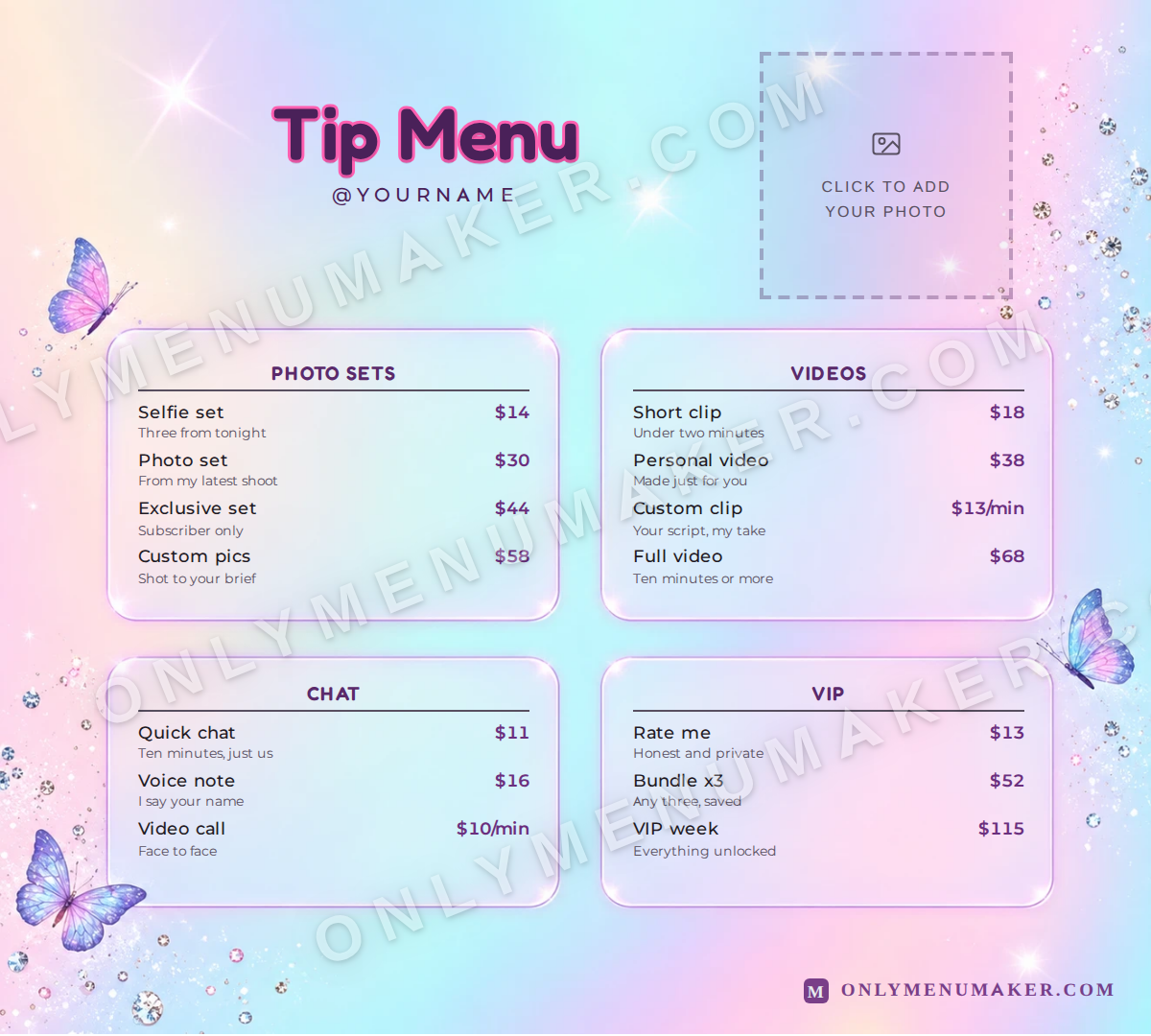 Butterfly Dream OnlyFans tip menu template