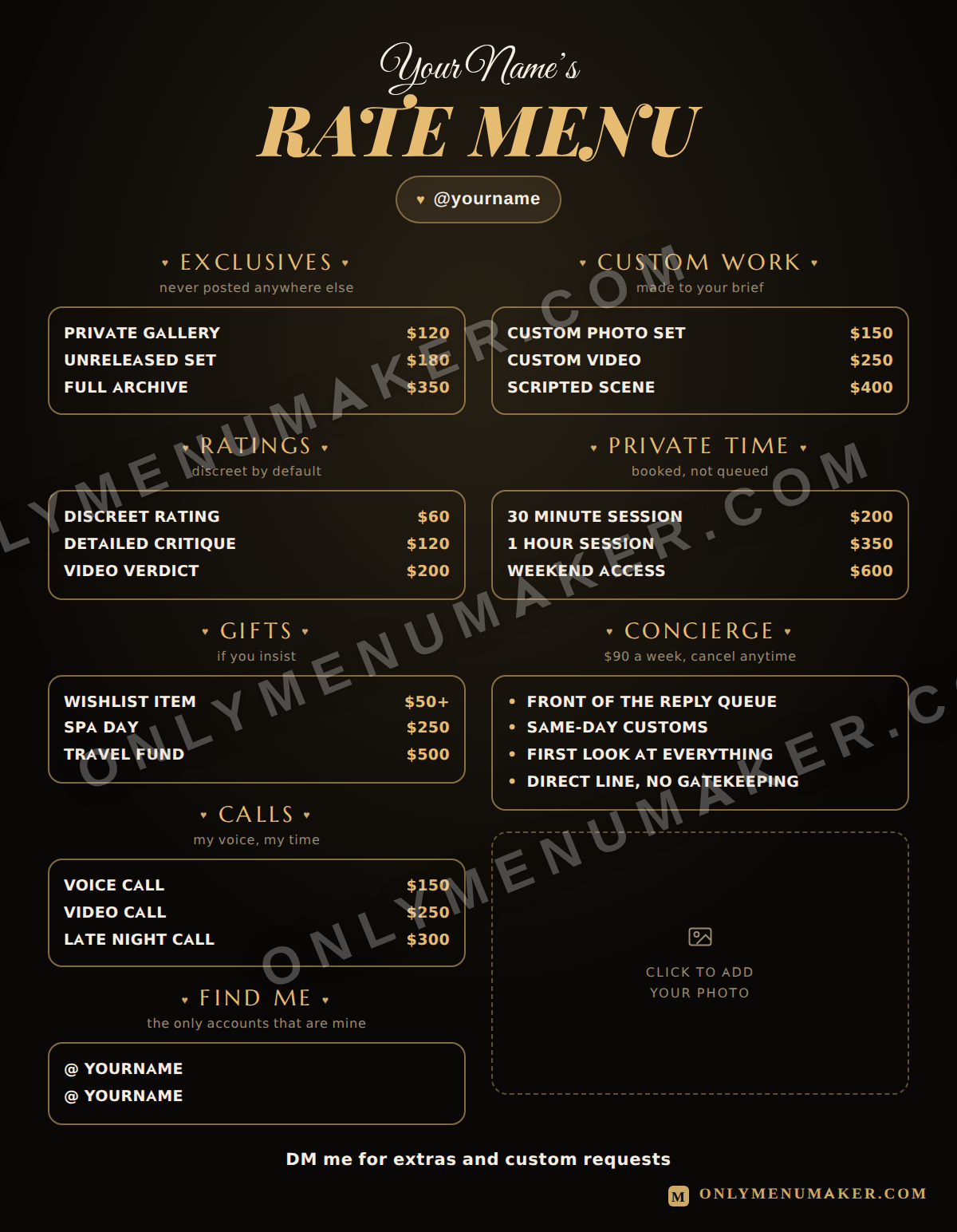 Champagne Rate Card OnlyFans tip menu template