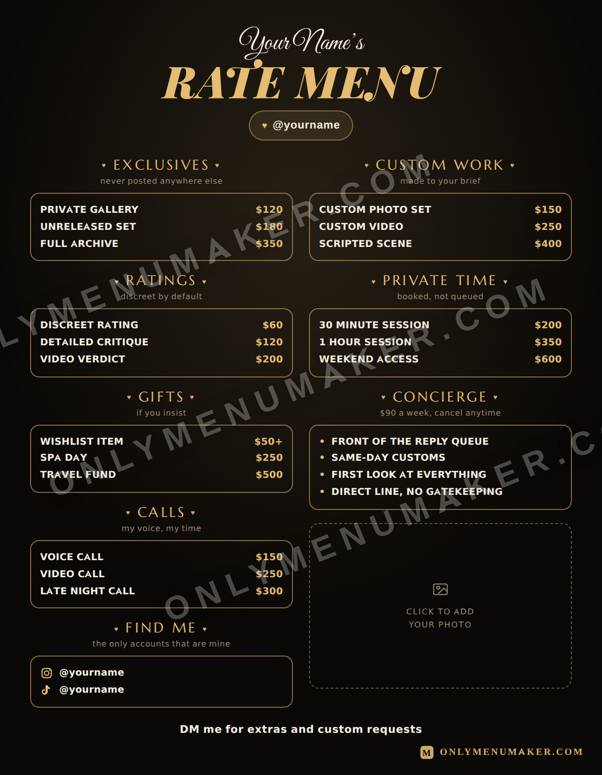 Champagne Rate Card OnlyFans tip menu template