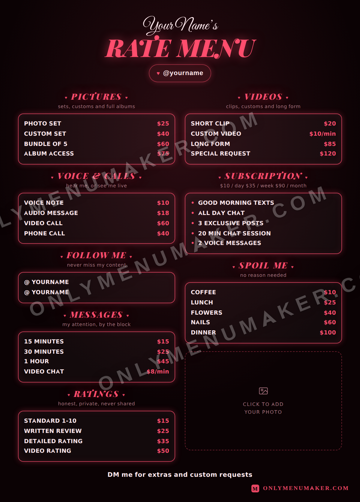 Cherry Rate Card OnlyFans tip menu template