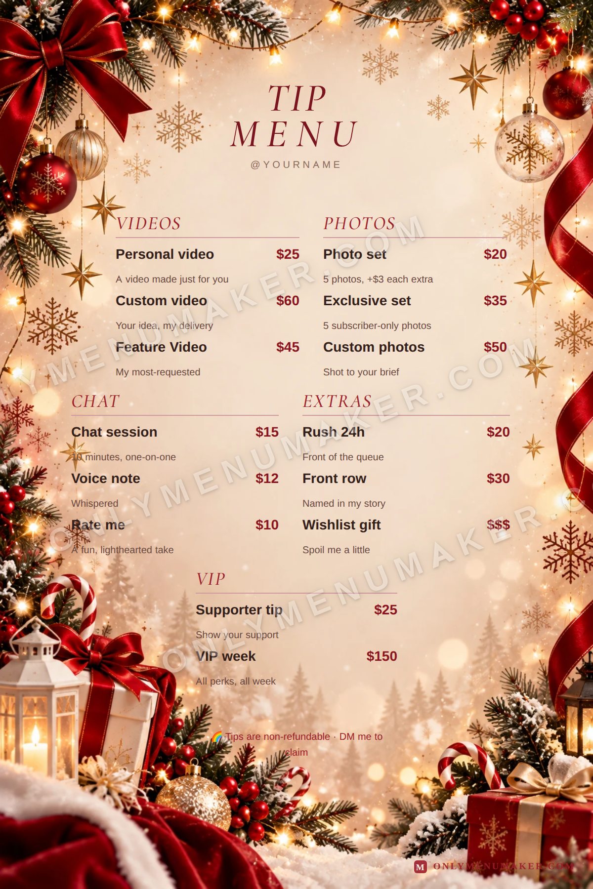 Christmas Forest OnlyFans tip menu template