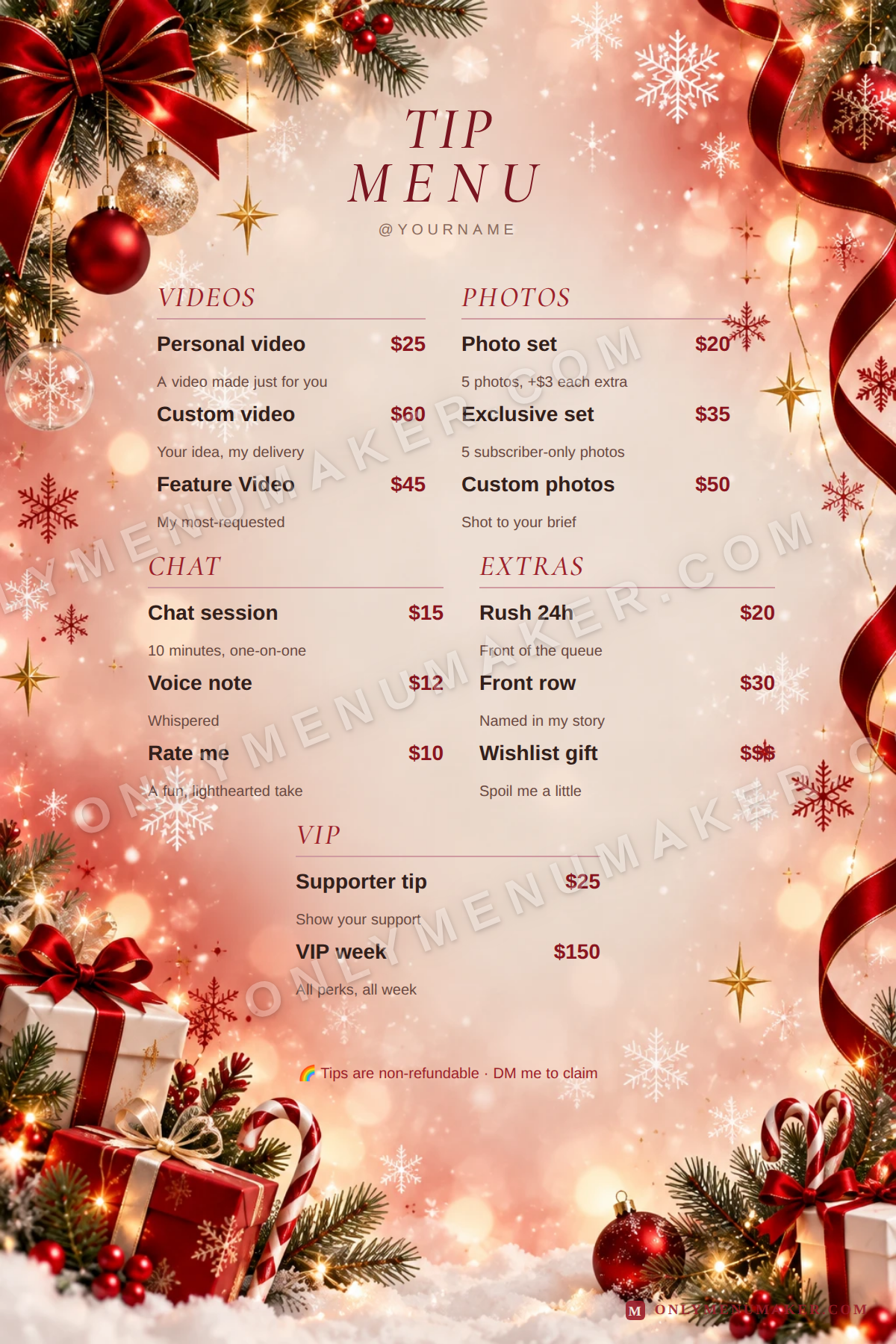 Christmas Ribbon OnlyFans tip menu template