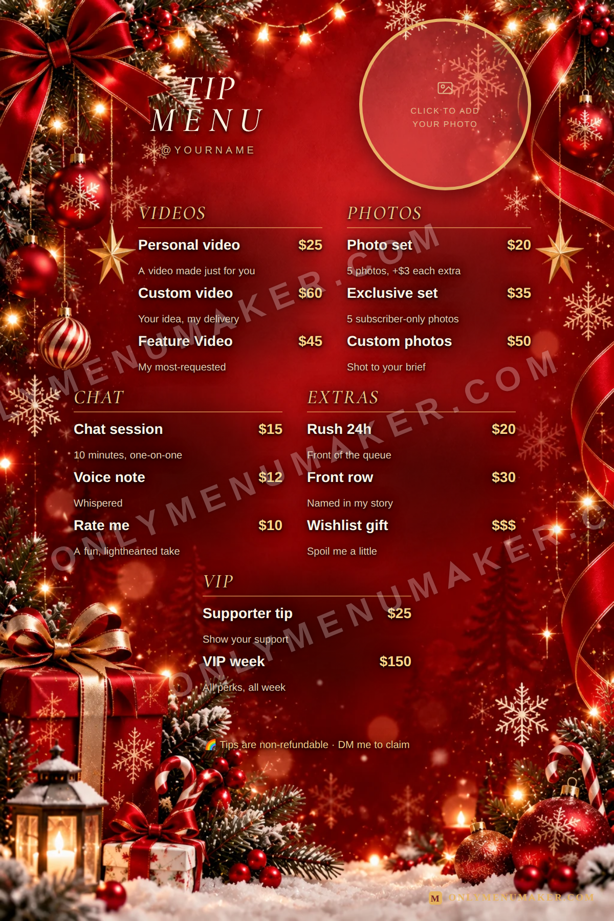 Christmas Velvet OnlyFans tip menu template