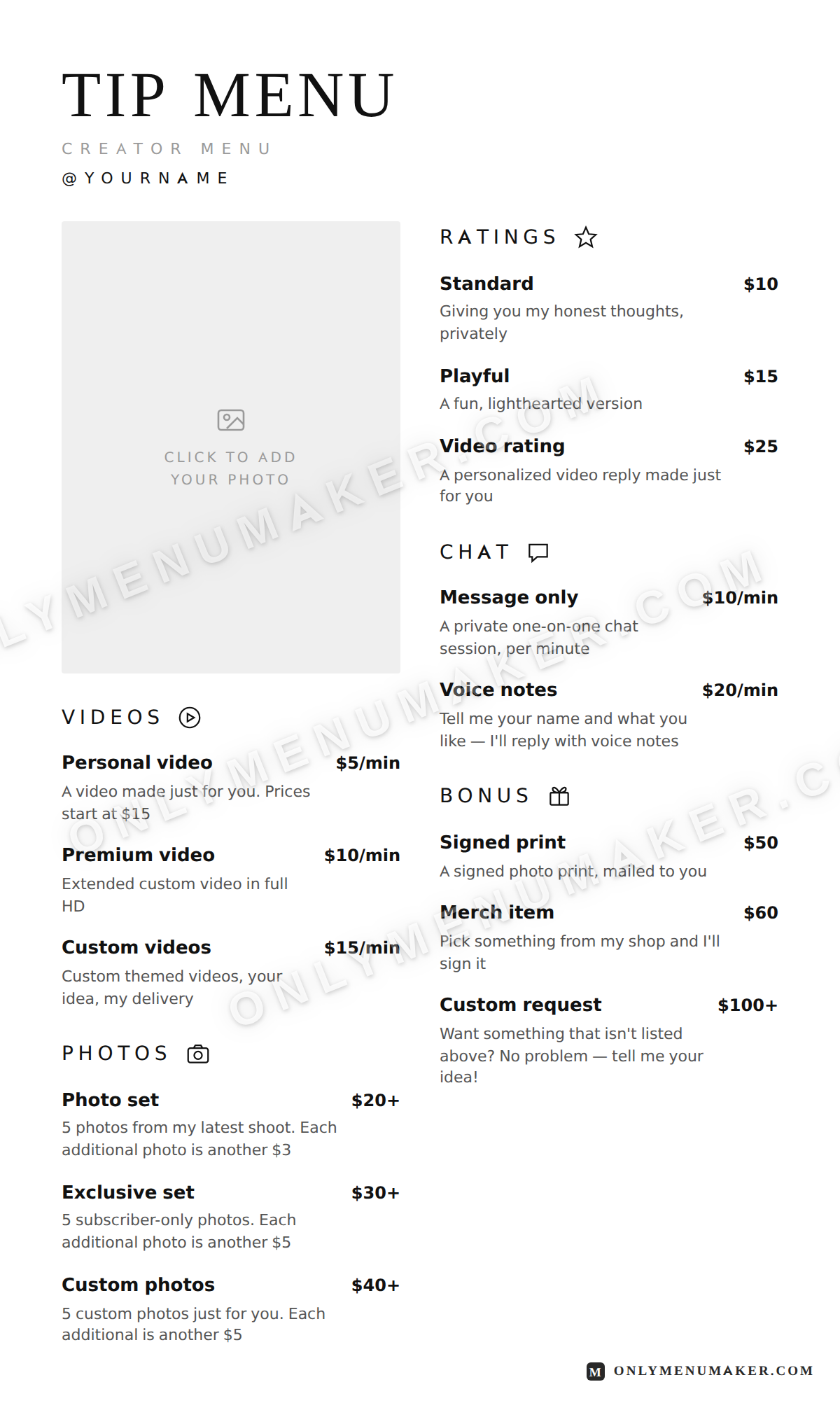 The Original OnlyFans tip menu template