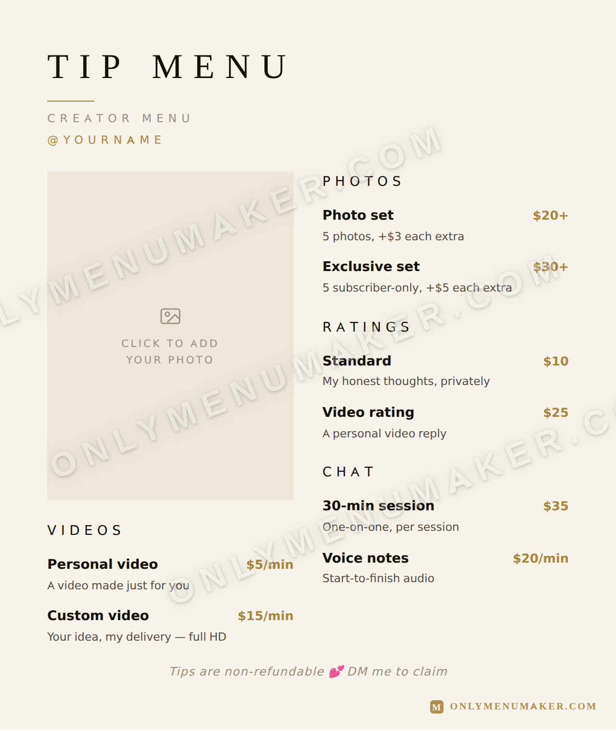 Clean Slate OnlyFans tip menu template