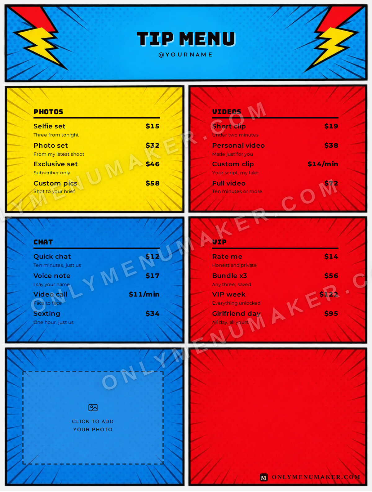 Comic Pop OnlyFans tip menu template