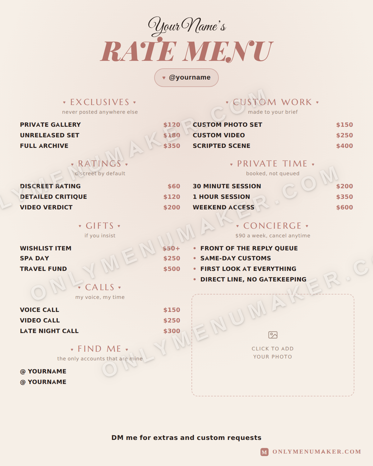 Cream Rate Card OnlyFans tip menu template
