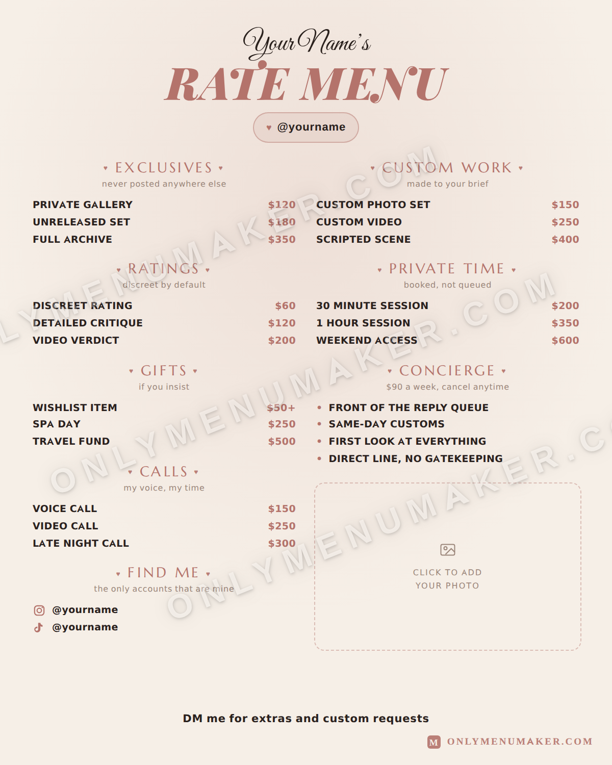 Cream Rate Card OnlyFans tip menu template