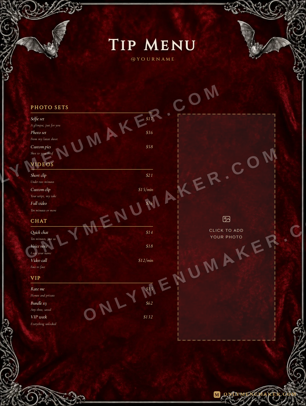 Crimson Velvet OnlyFans tip menu template