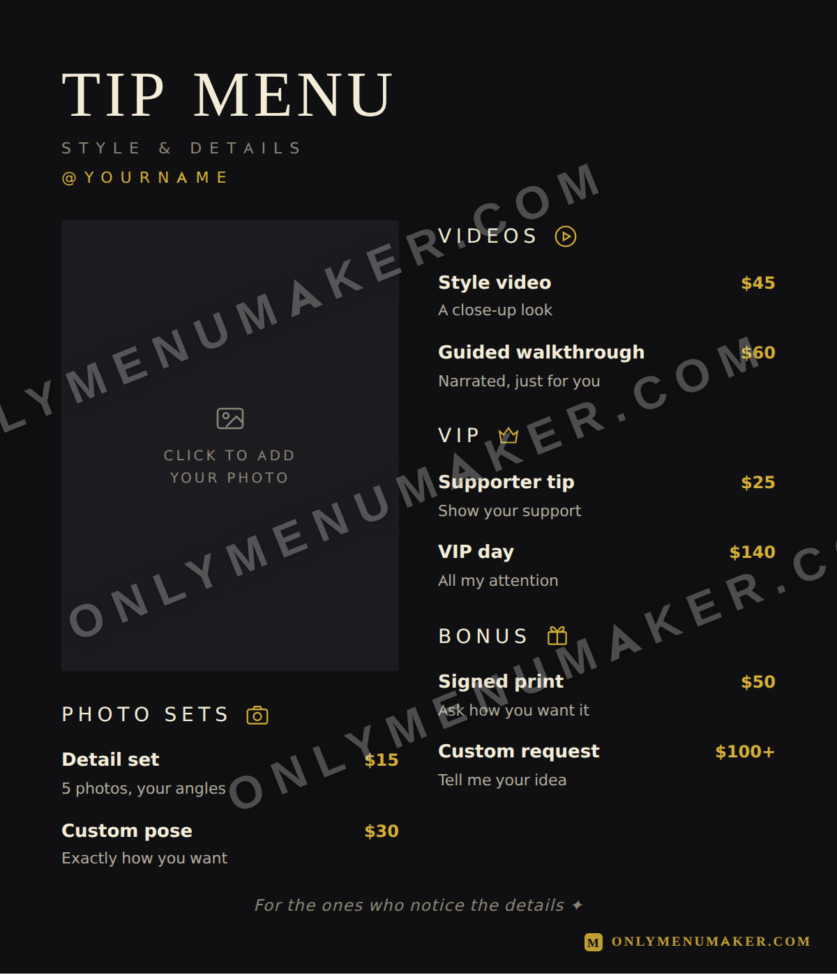 Details First OnlyFans tip menu template