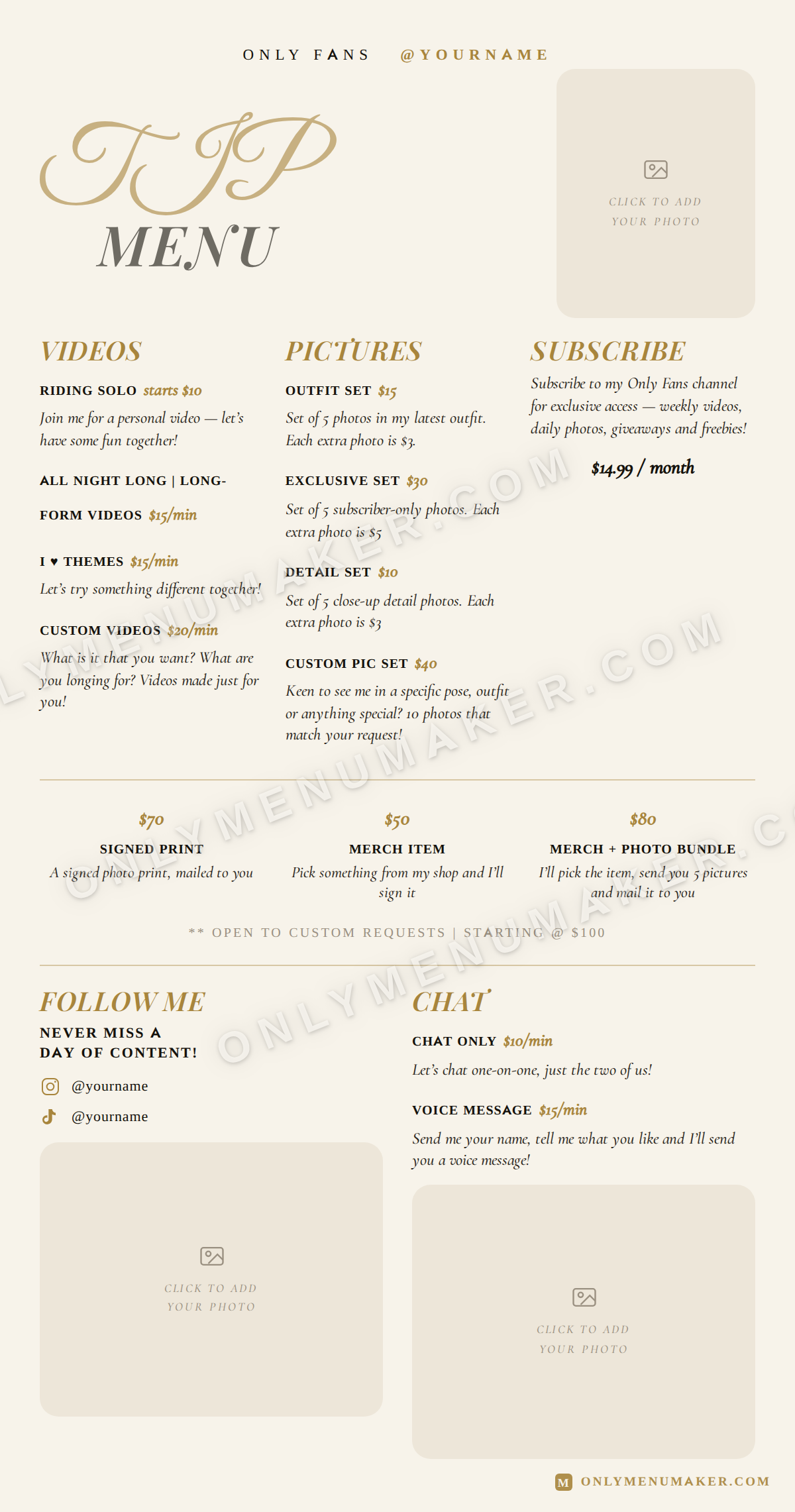 Editorial Luxe OnlyFans tip menu template