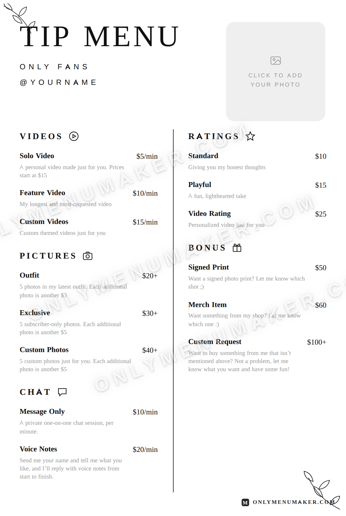 Editorial Noir OnlyFans tip menu template