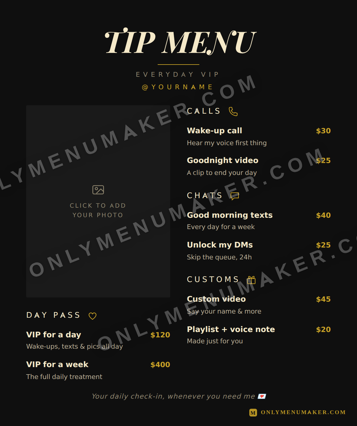 Golden Hour OnlyFans tip menu template