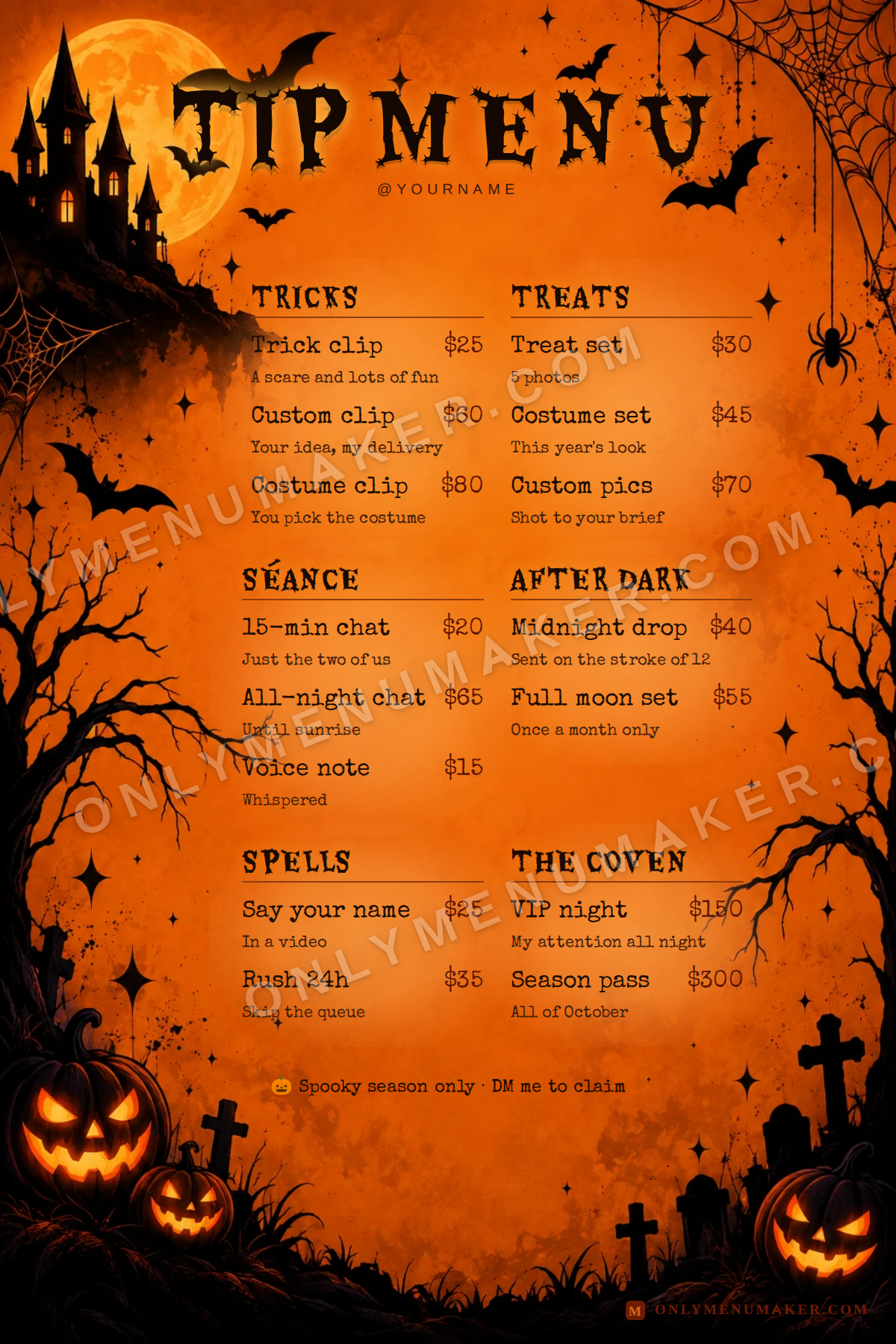 Halloween Night OnlyFans tip menu template