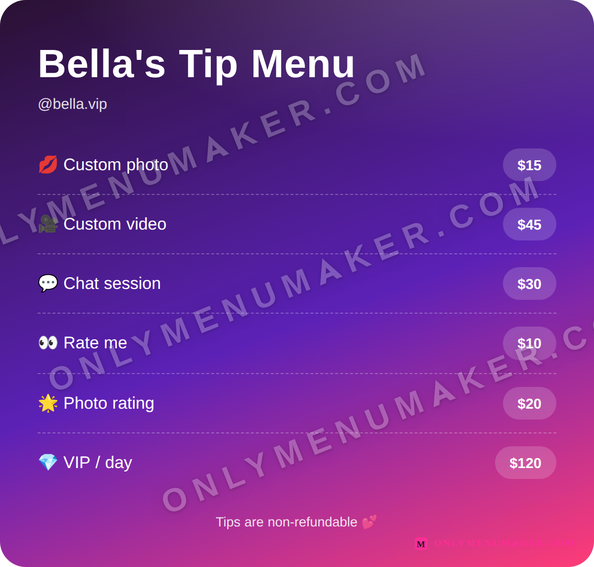 Bella Glow OnlyFans tip menu template