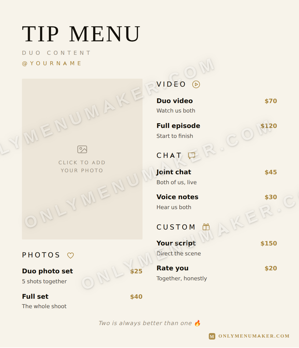 His & Hers OnlyFans tip menu template