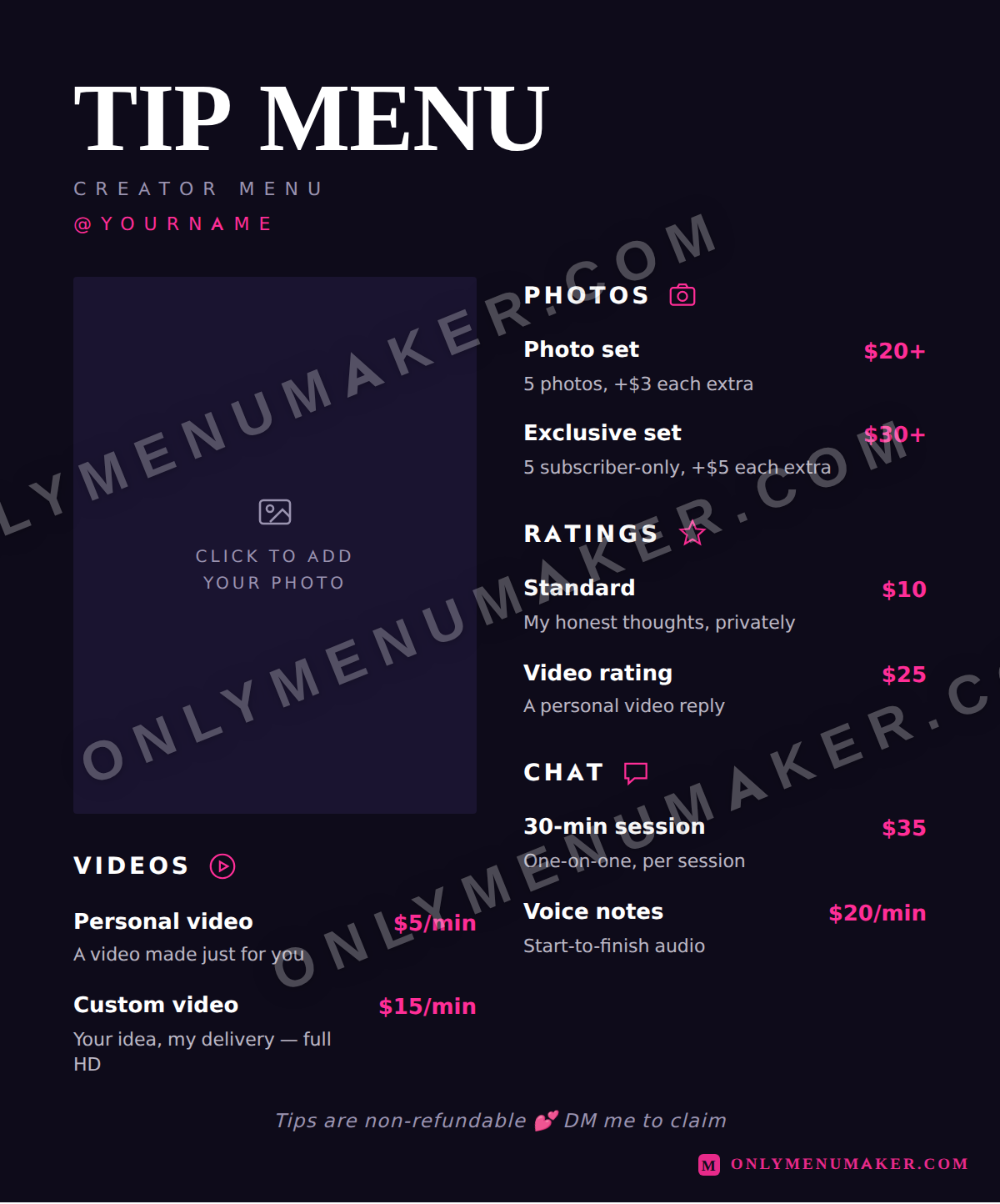 Hot Pink OnlyFans tip menu template