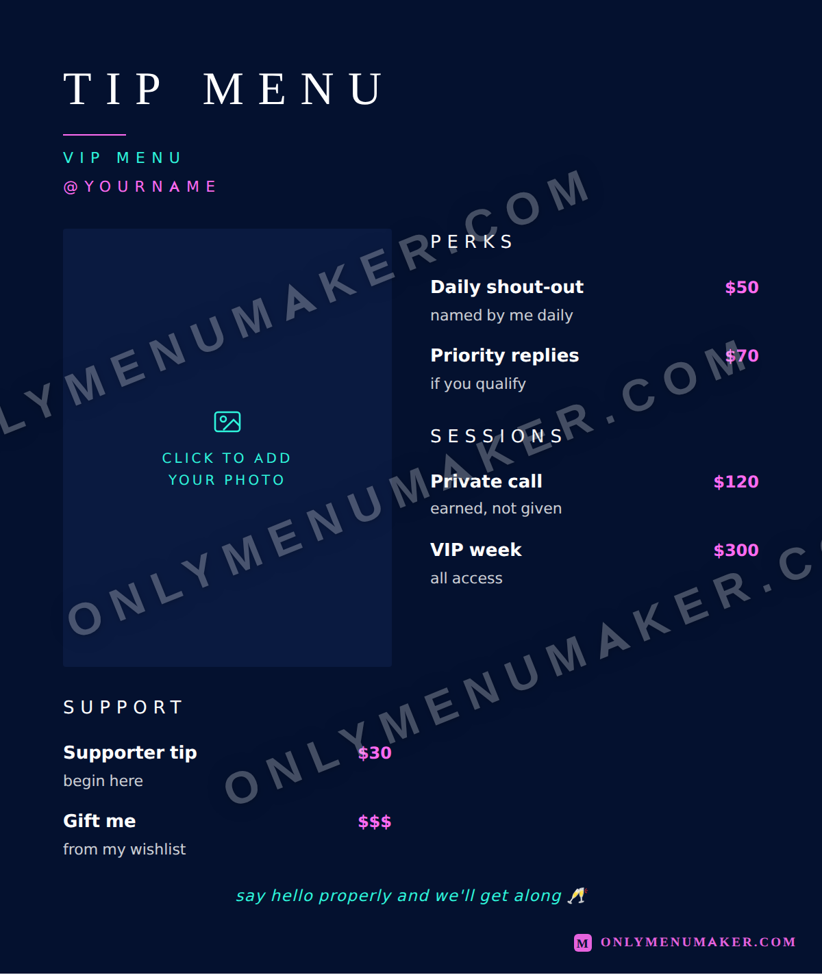 Ice Queen OnlyFans tip menu template