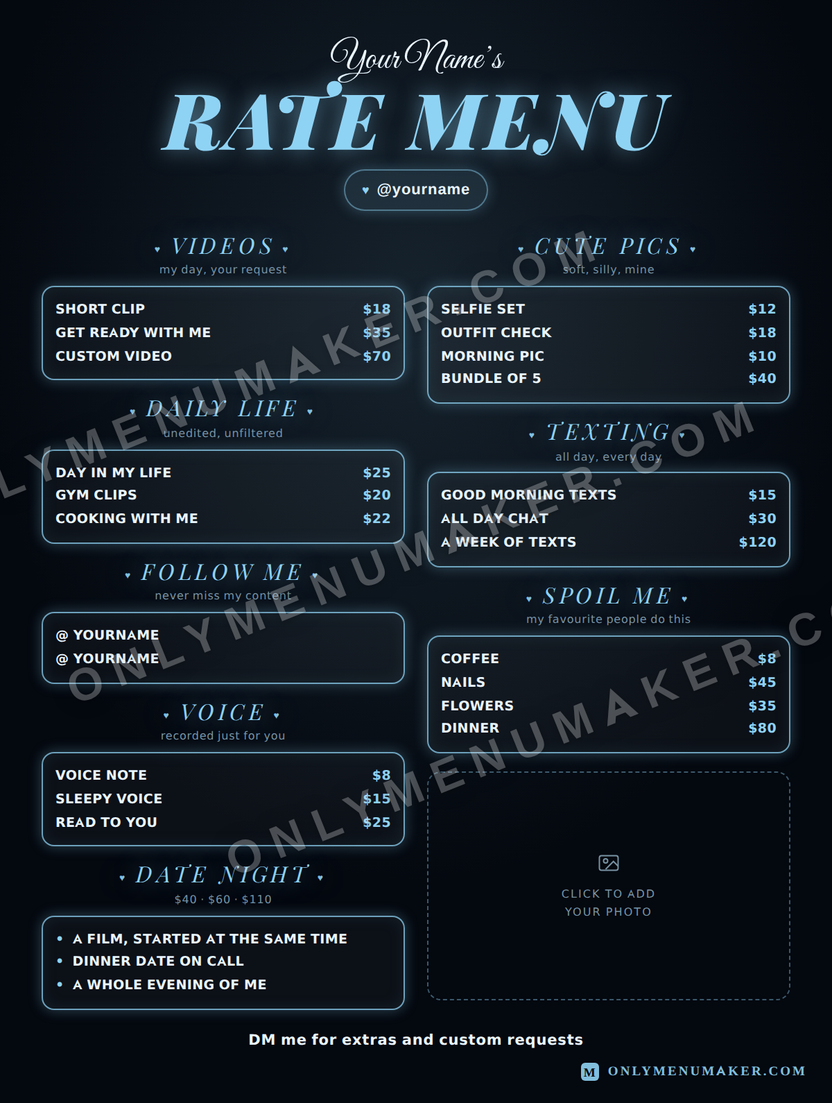Ice Rate Card OnlyFans tip menu template