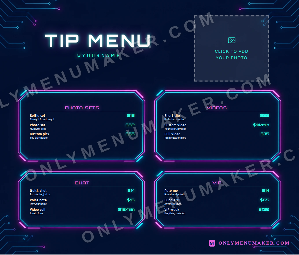 Midnight Neon OnlyFans tip menu template