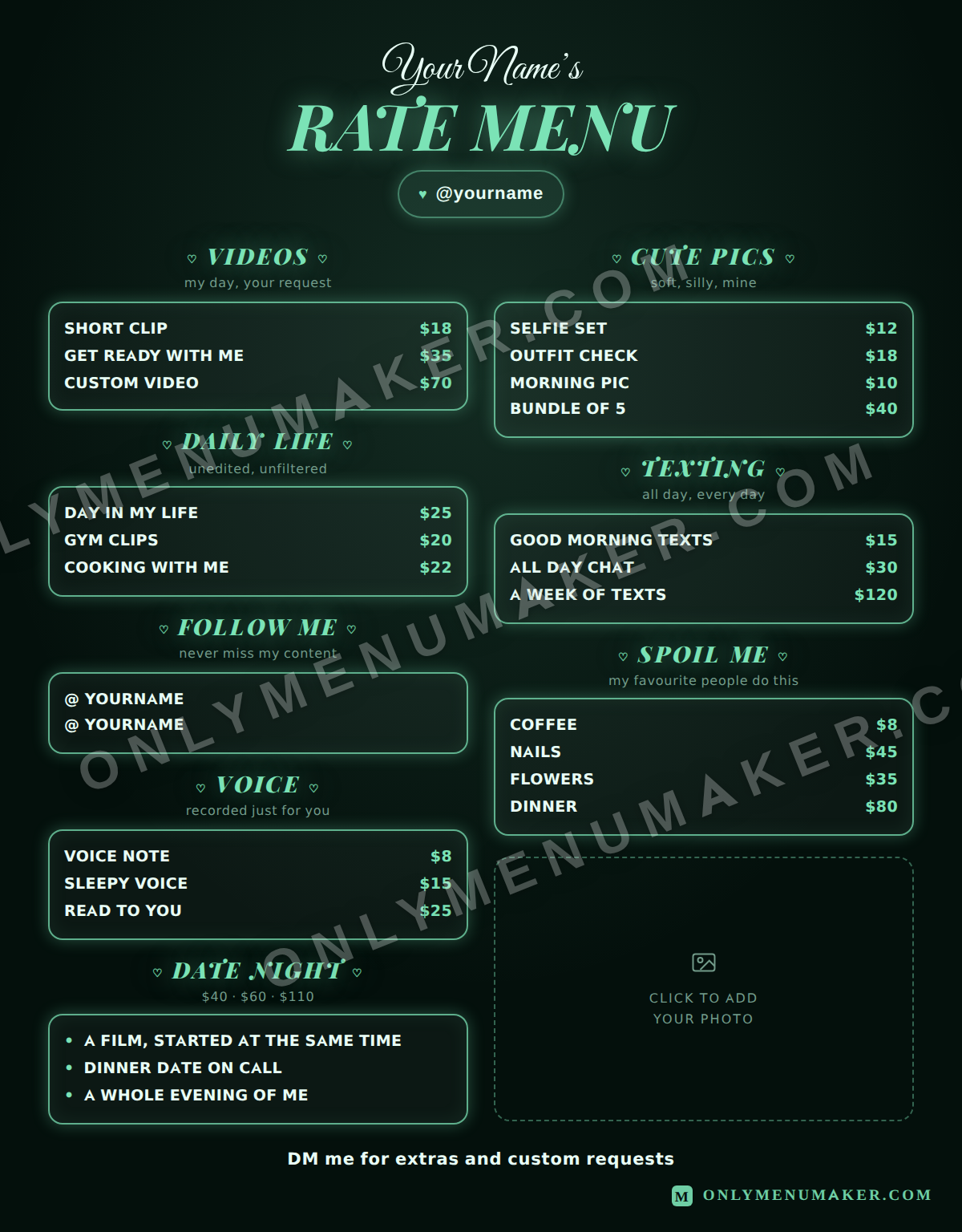 Mint Rate Card OnlyFans tip menu template