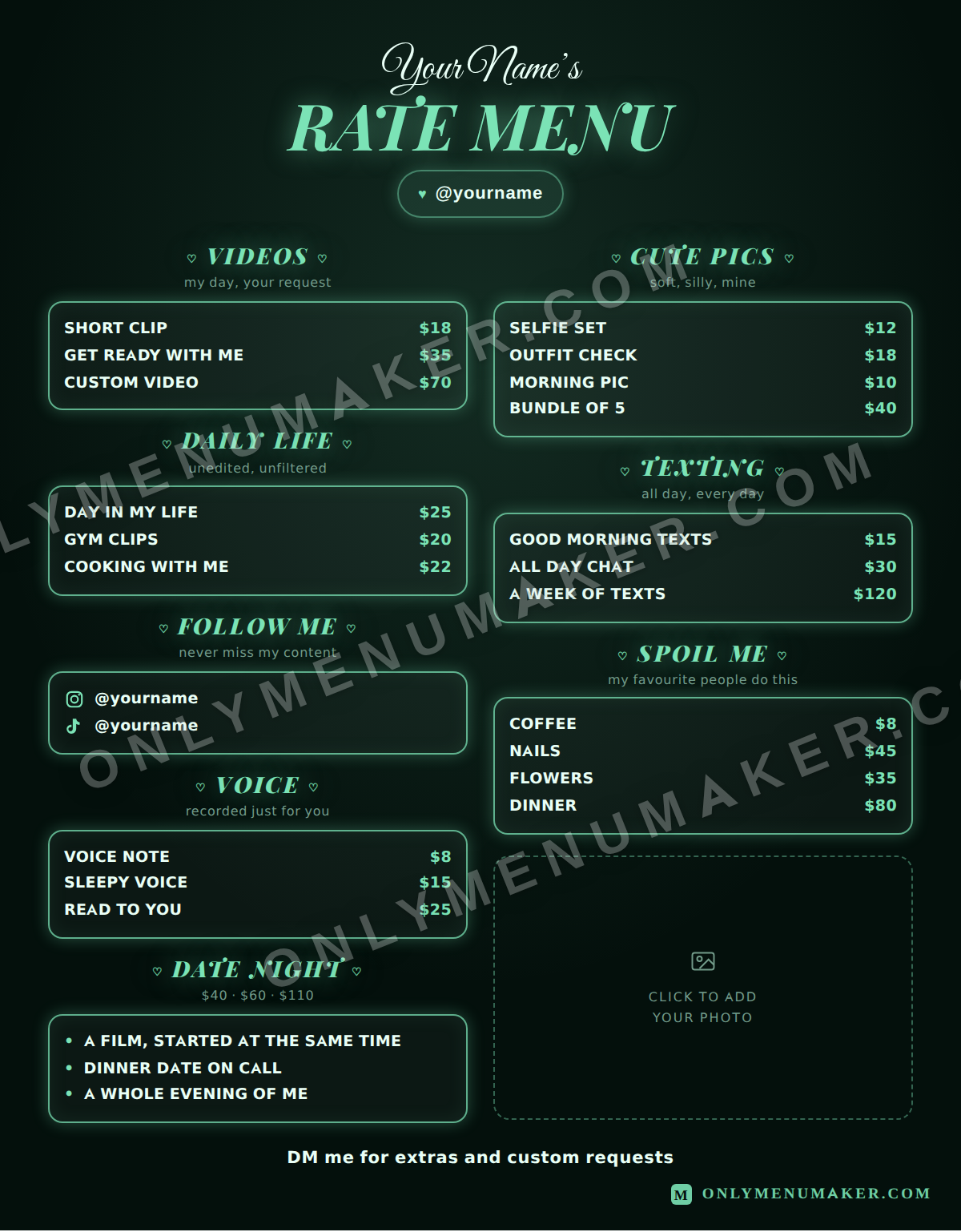 Mint Rate Card OnlyFans tip menu template