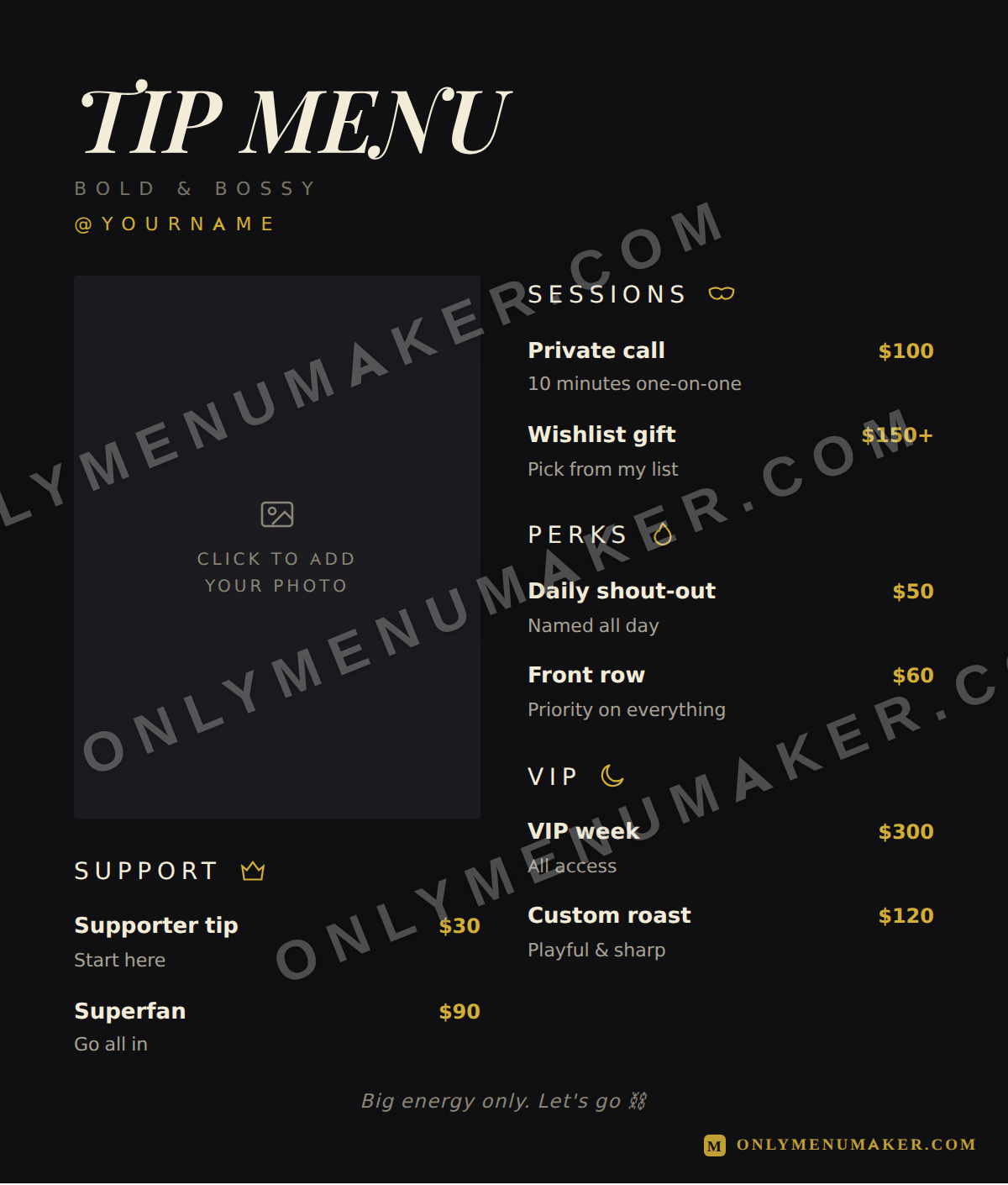 Monarch OnlyFans tip menu template