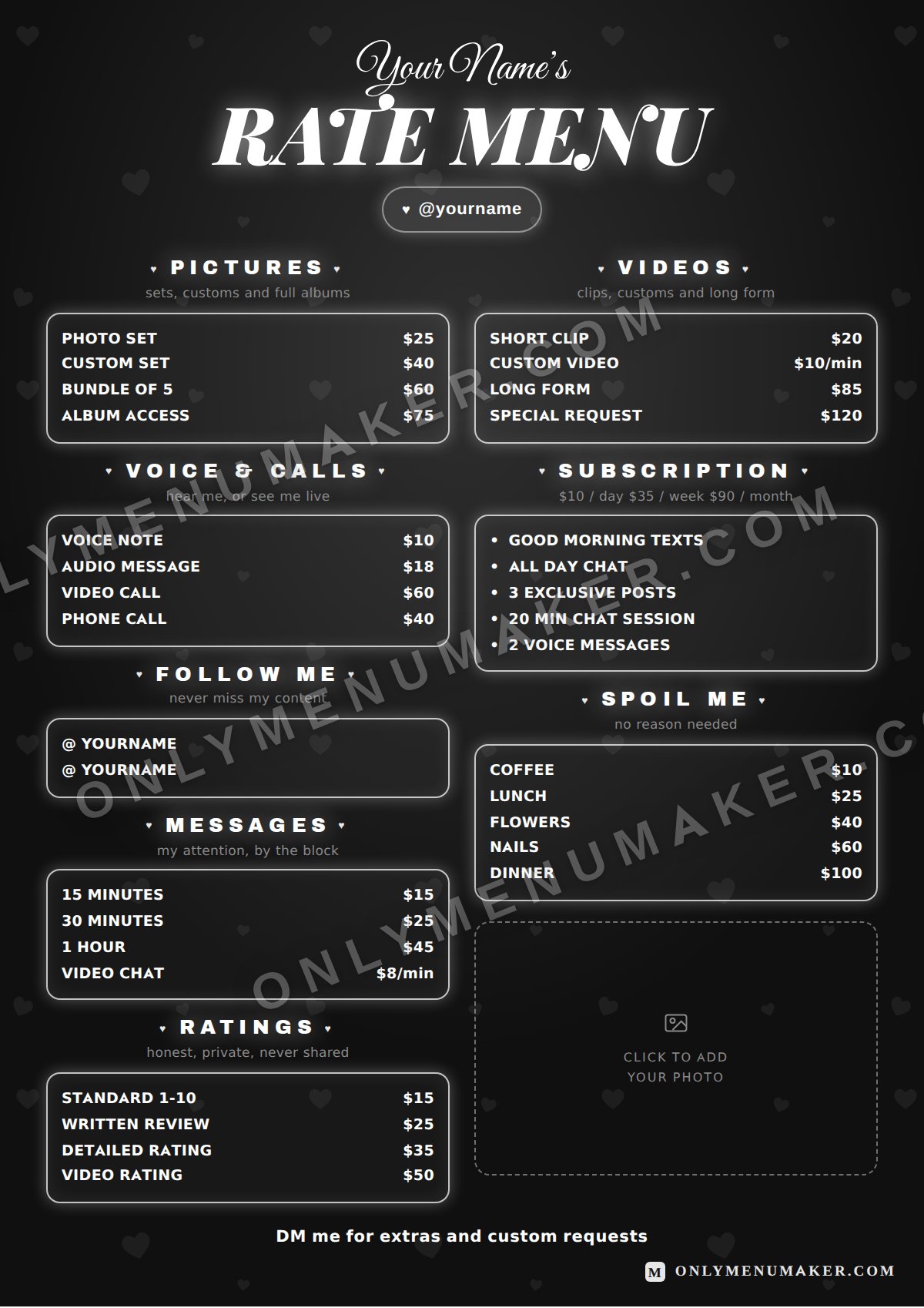 Mono Rate Card OnlyFans tip menu template