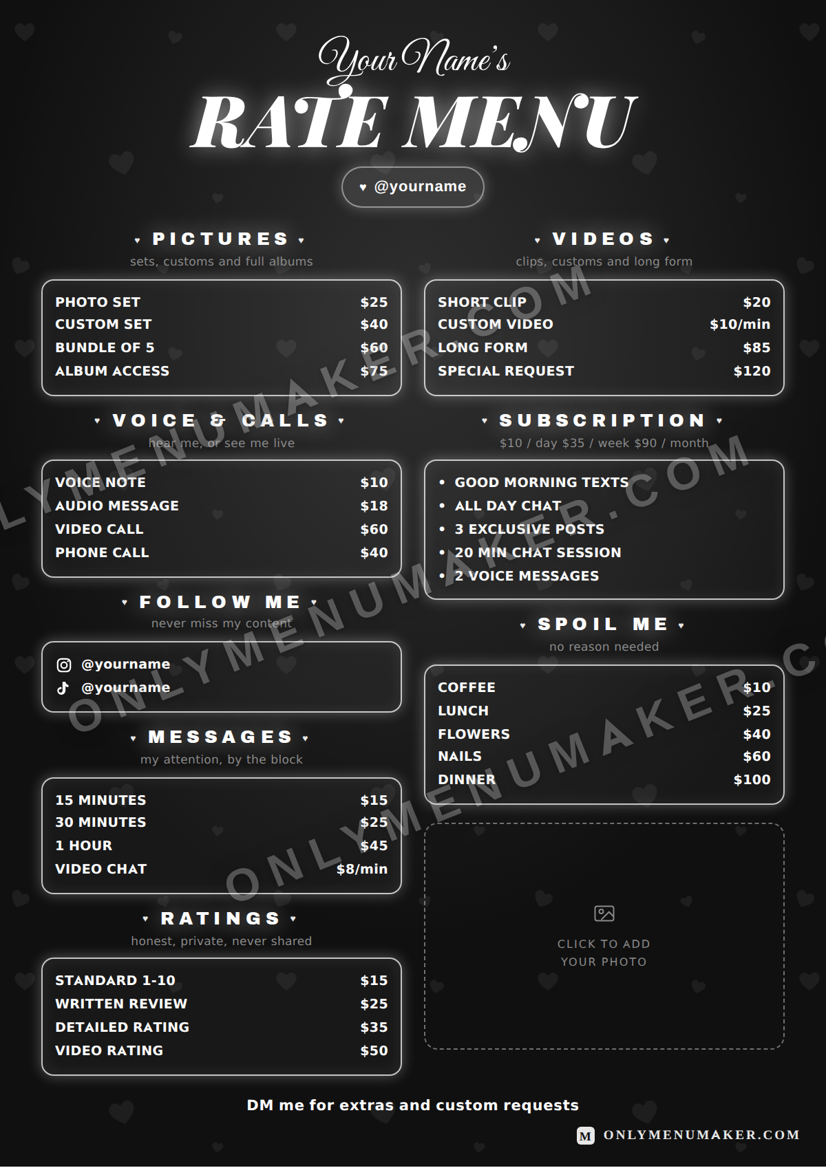 Mono Rate Card OnlyFans tip menu template