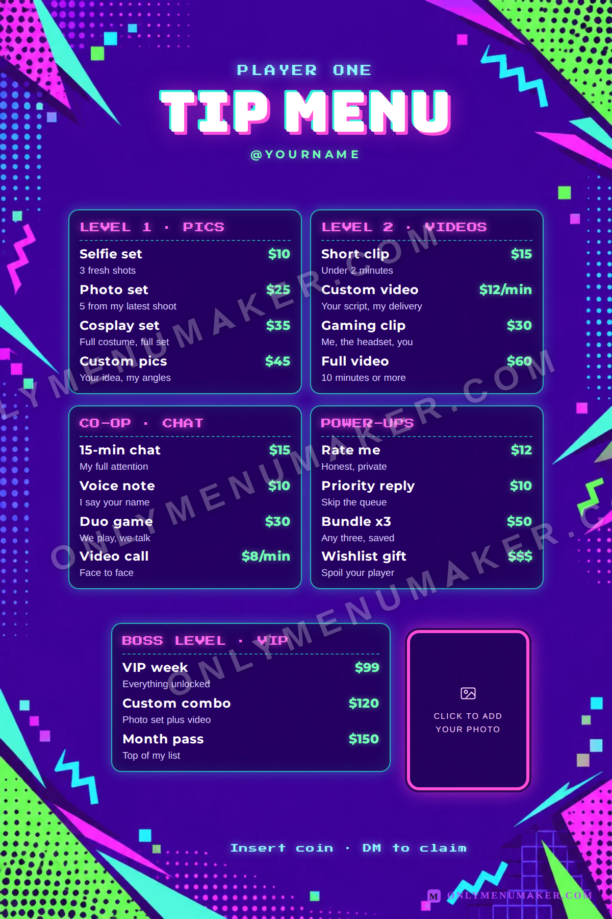 Neon Arcade OnlyFans tip menu template