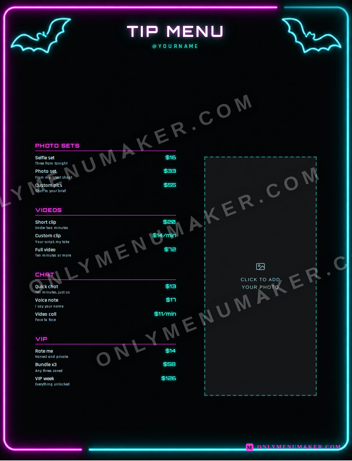 Neon Bats OnlyFans tip menu template