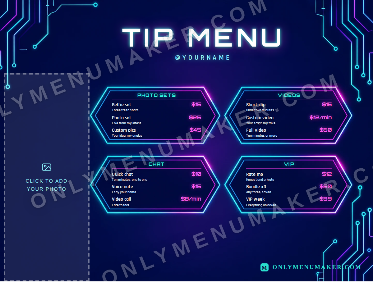 Neon Circuit OnlyFans tip menu template