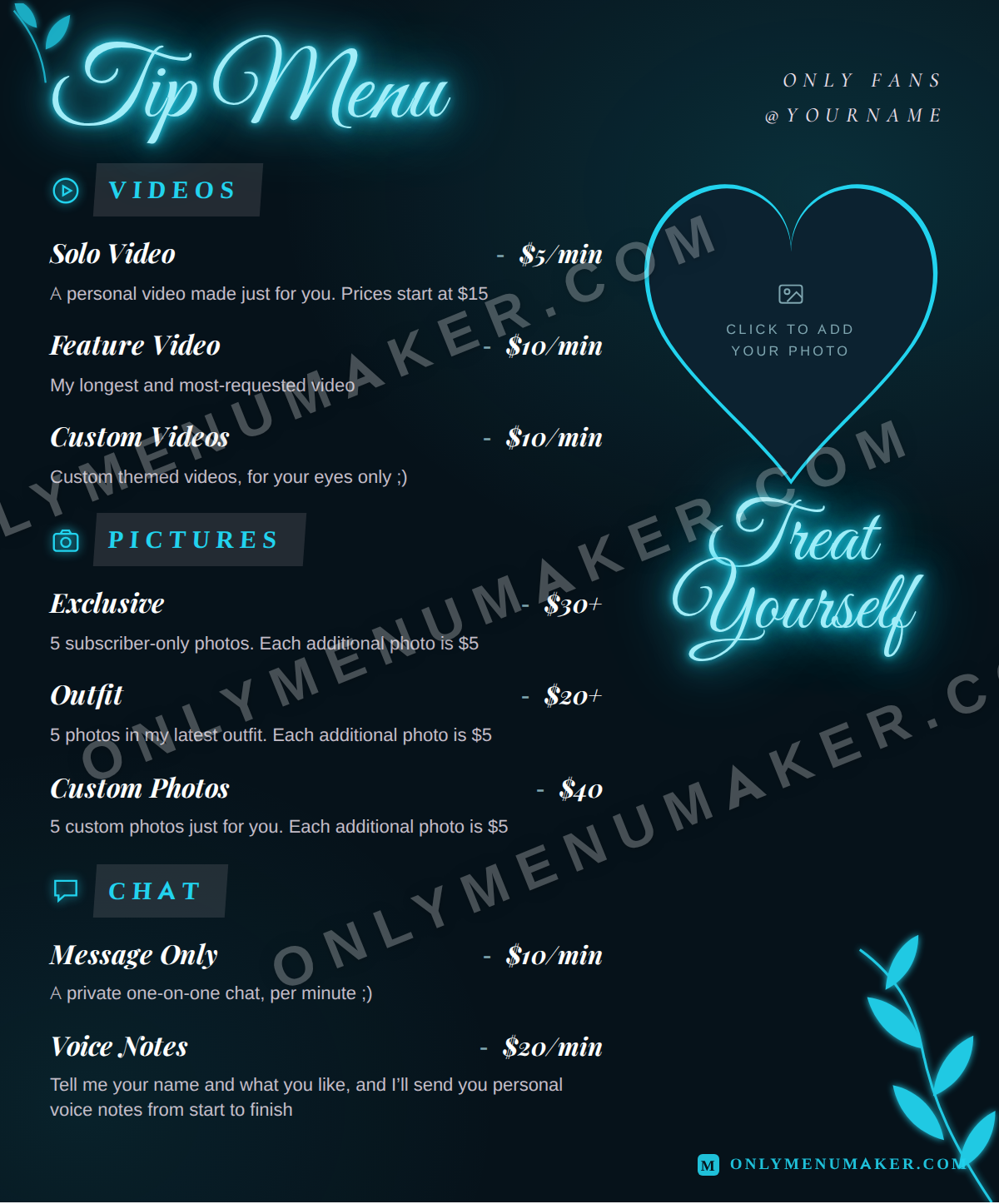 Neon Ice OnlyFans tip menu template