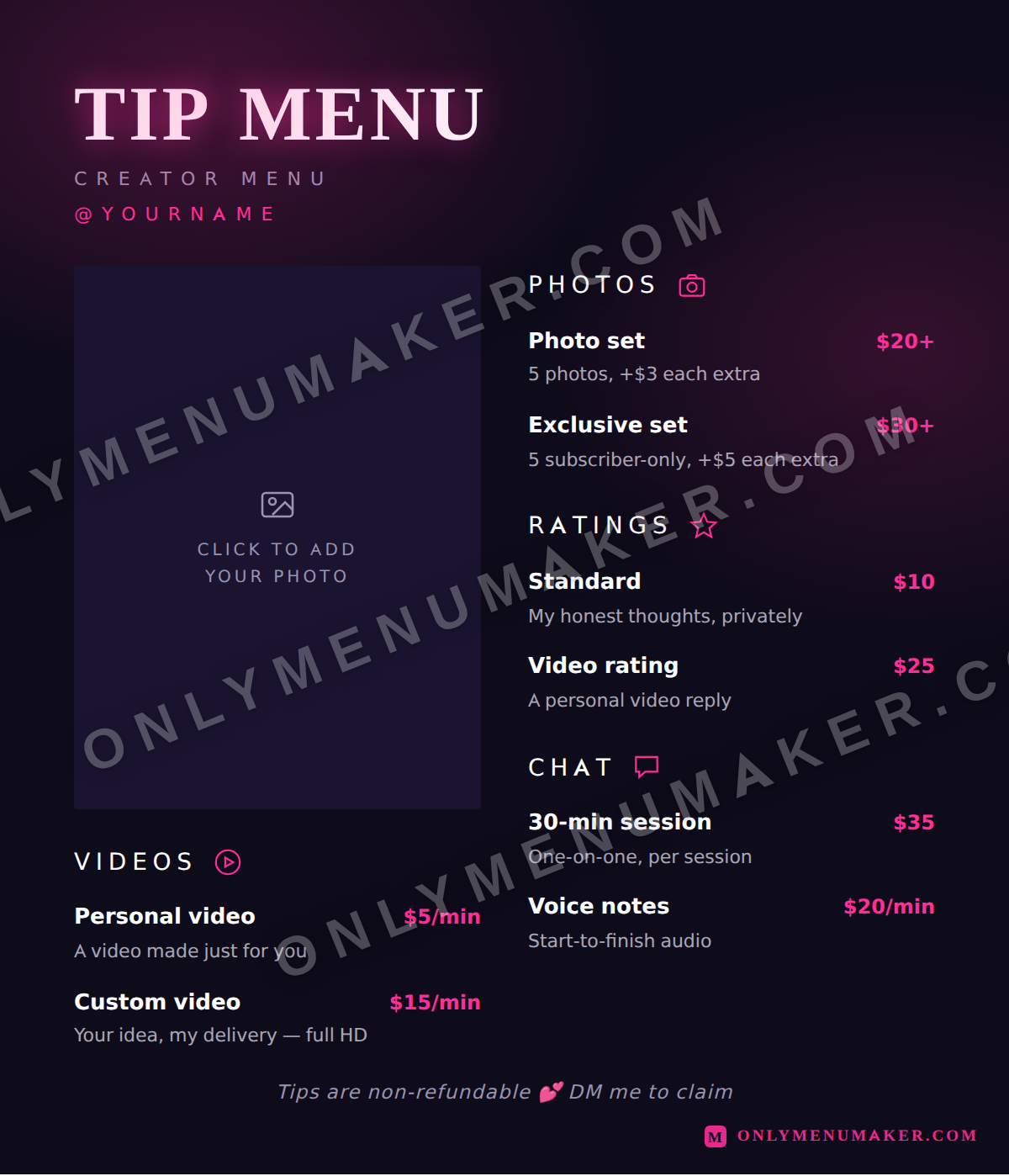 Neon Nights OnlyFans tip menu template