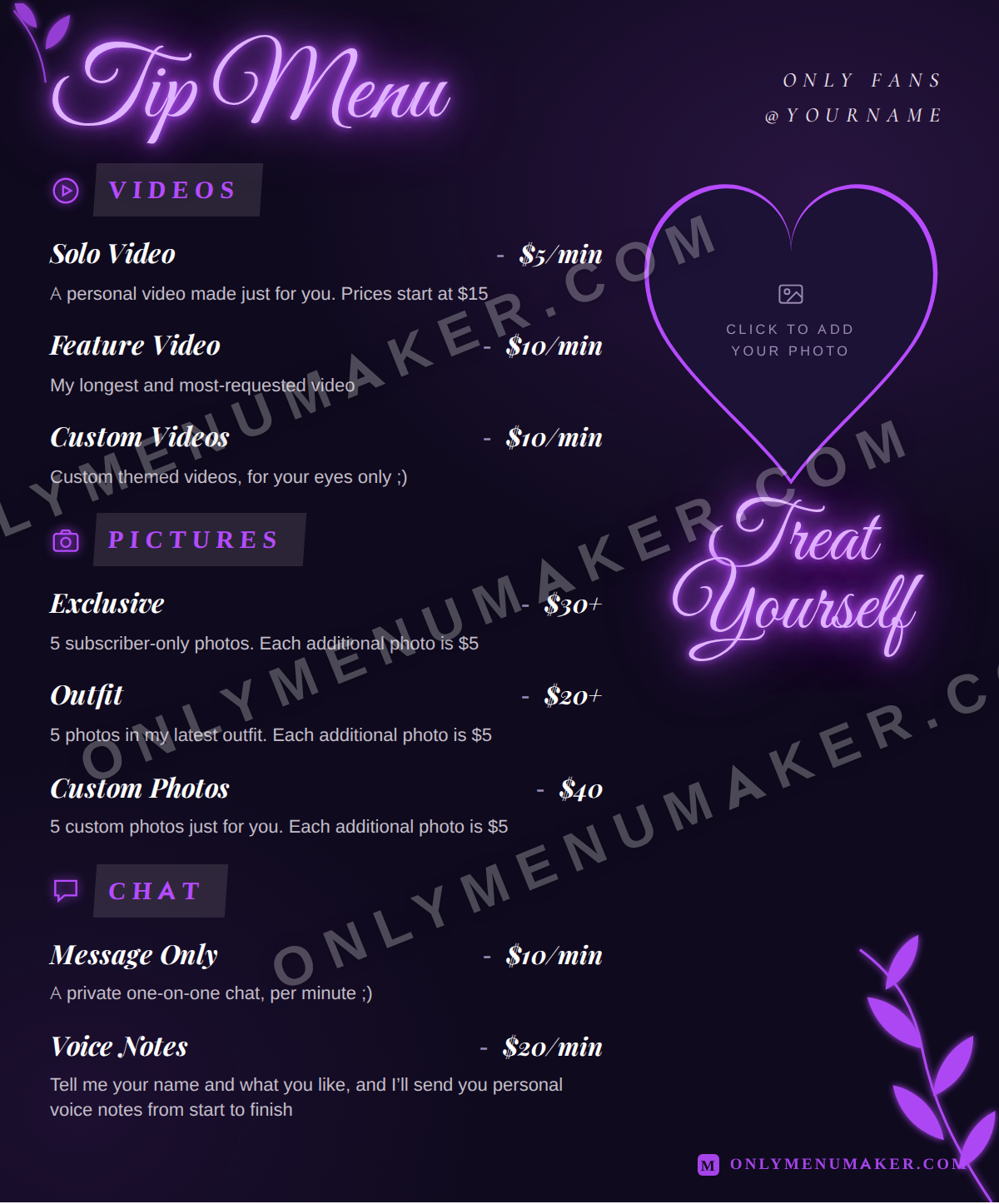 Neon Orchid OnlyFans tip menu template