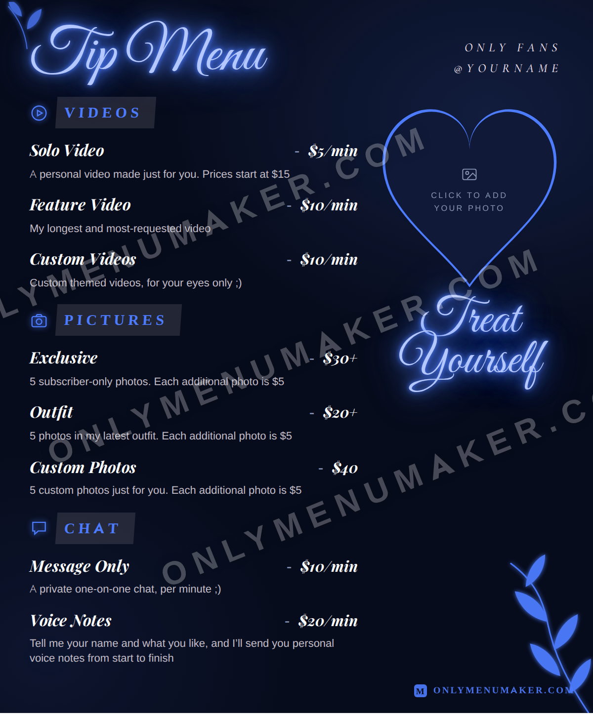 Neon Sapphire OnlyFans tip menu template