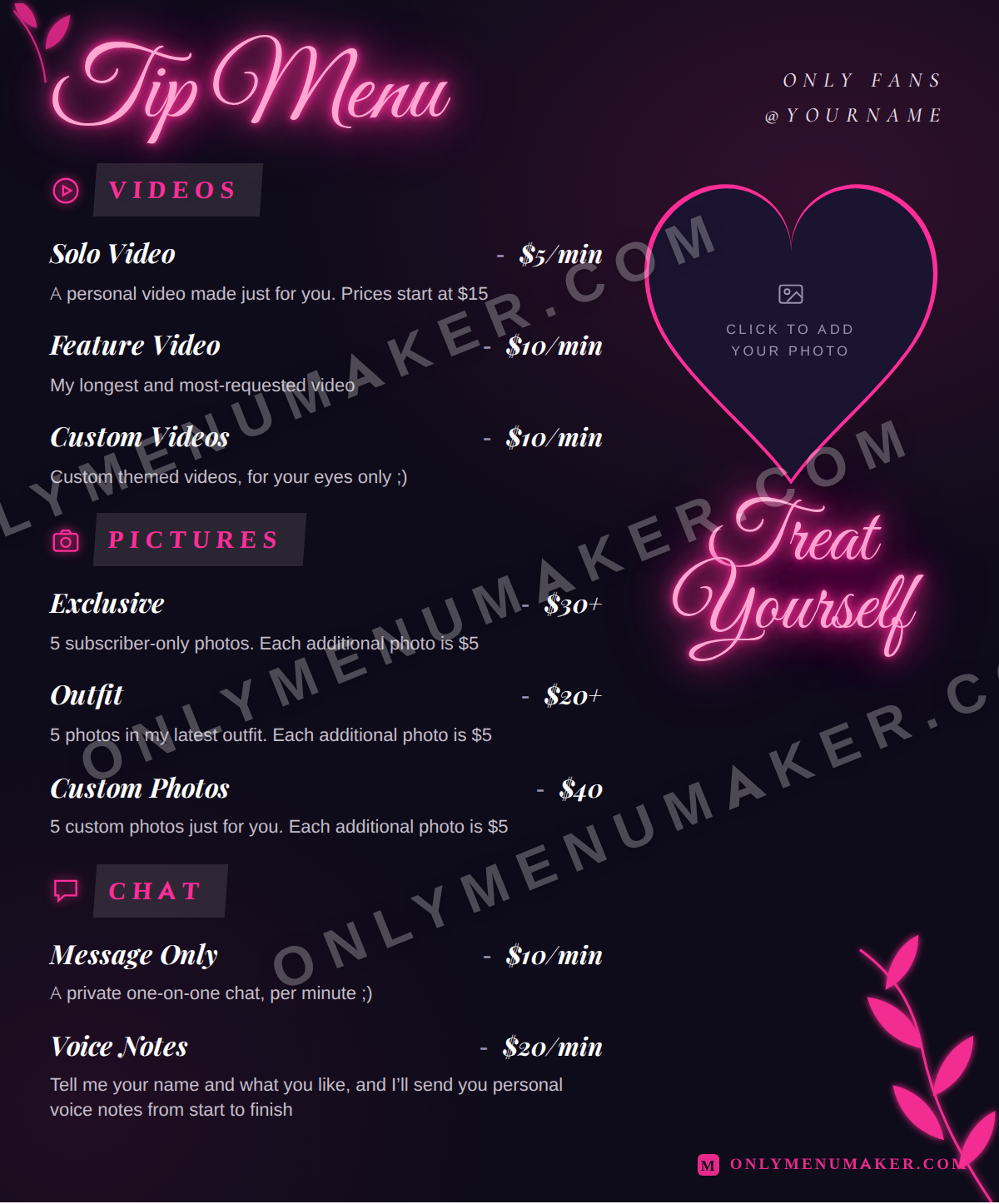 Treat Yourself OnlyFans tip menu template