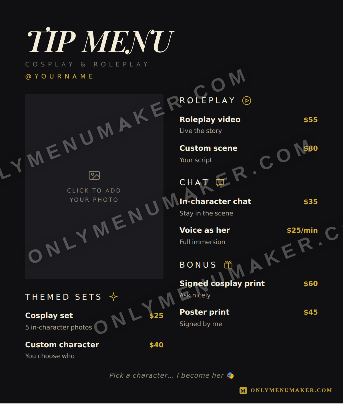 Obsidian OnlyFans tip menu template