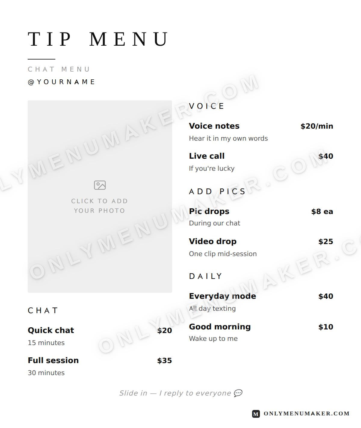 Paper White OnlyFans tip menu template