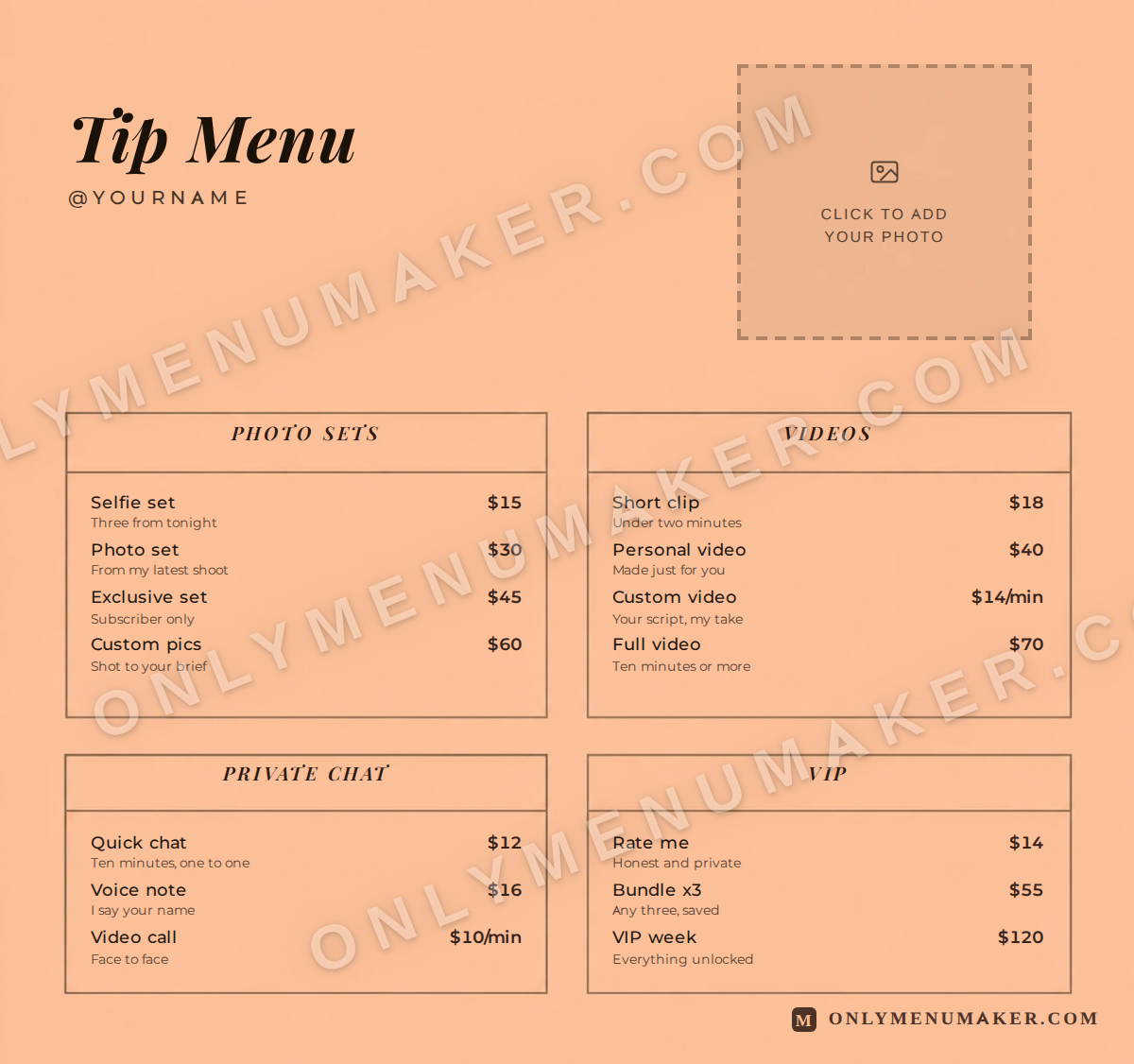 Peach Minimal OnlyFans tip menu template