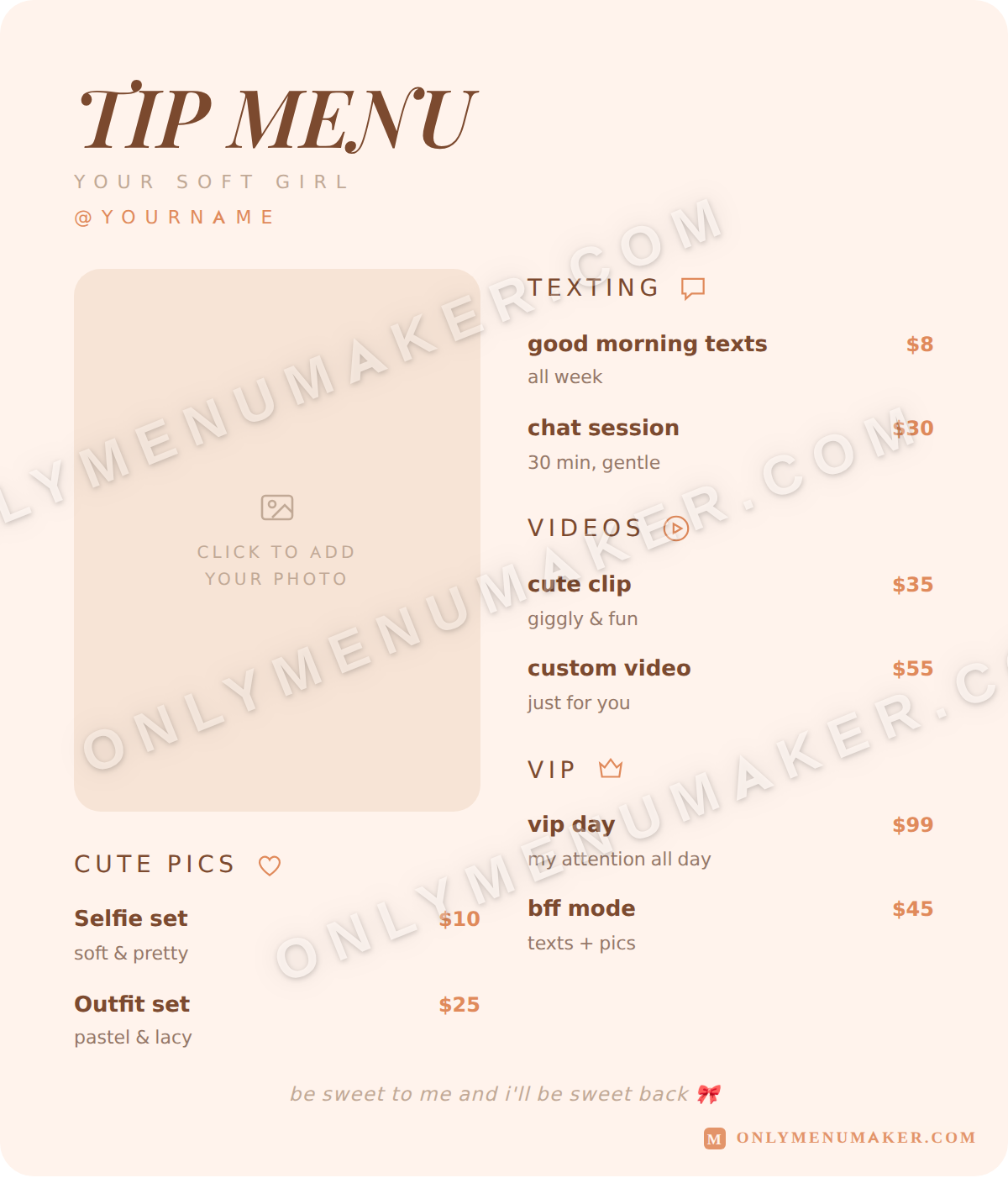 Peaches & Cream OnlyFans tip menu template
